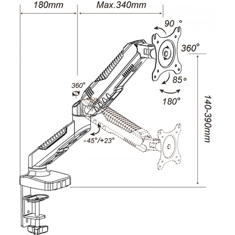 Sch&eacute;ma support &eacute;cran Cagna pour un &eacute;cran, bras articul&eacute;, cotes et angles de r&eacute;glage