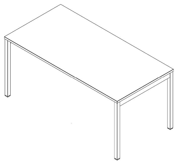 Sch&eacute;ma bureau Campana, plateau rectangulaire sur pi&eacute;tement quatre pieds, vue en perspective