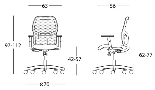 Sch&eacute;ma si&egrave;ge op&eacute;ratif Cancian, vues face et profil, cotes : hauteur 97-112 cm, assise 42-57 cm, pi&eacute;tement &Oslash; 70 cm