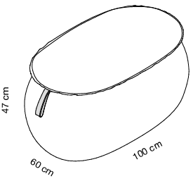 Sch&eacute;ma pouf Capi ovale avec poign&eacute;e, cotes : hauteur 47 cm, longueur 100 cm, largeur 60 cm