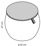 Sch&eacute;ma pouf Capi rond avec tablette et poign&eacute;e, cotes : hauteur 47 cm, diam&egrave;tre 55 cm