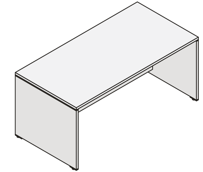 Schéma bureau Cardiel, plateau rectangulaire sur piétement panneau, vue en perspective