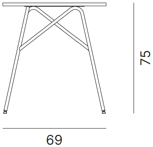 Schéma table Casotto carrée 4 pieds, plateau 69 cm, hauteur 75 cm