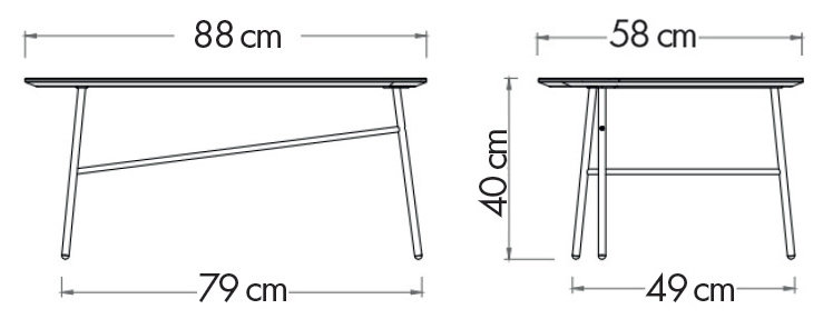 Schéma table Colchide allongée, hauteur 40 cm, plateau 88 × 58 cm