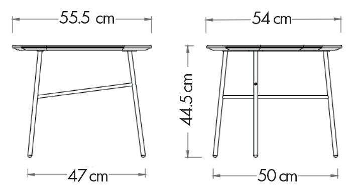 Schéma table Colchide standard, hauteur 44,5 cm, plateau 55,5 × 54 cm