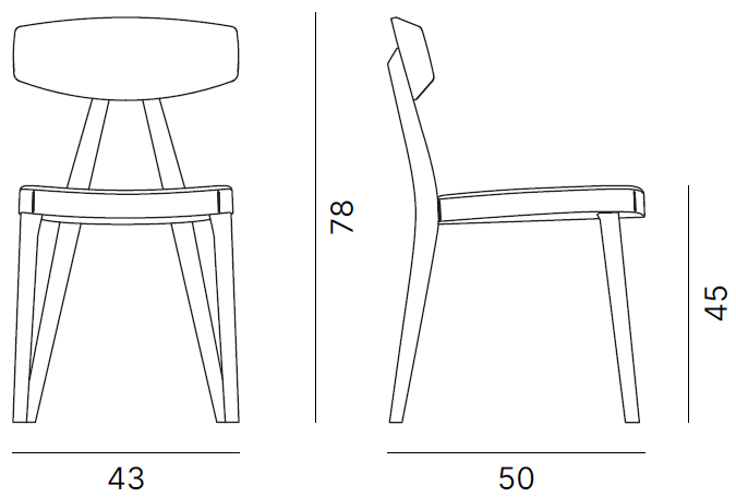Schéma technique chaise Corrib : vues de face et de profil, largeur 43 cm, assise 45 cm, hauteur 78 cm