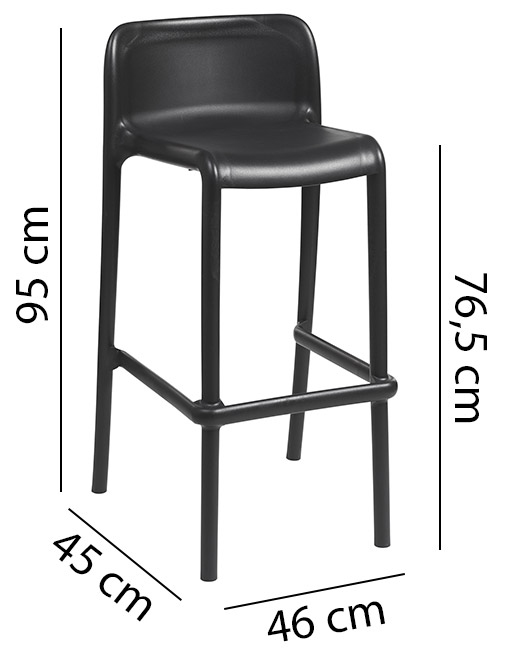 Schéma tabouret de bar Corsini avec cotes : hauteur 95 cm, hauteur d'assise 76,5 cm, 45 x 46 cm