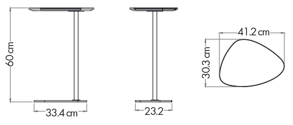 Schéma table Darial : hauteur 60 cm, plateau galbé 41,2 x 30,3 cm, piétement 33,4 x 23,2 cm
