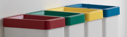 Nuancier des coloris Debilly : bacs de tri rouge, vert, jaune et bleu