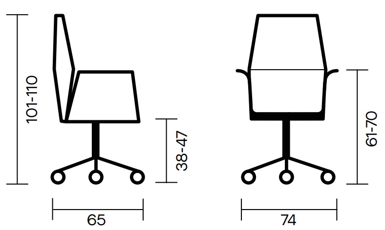 Sch&eacute;ma fauteuil visiteur Devero : hauteur 101-110 cm, assise 38-47 cm, base 65 et 74 cm