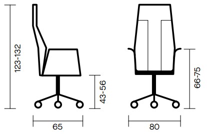 Sch&eacute;ma fauteuil de bureau Devero : hauteur 123-132 cm, assise 43-56 cm, base 65 et 80 cm
