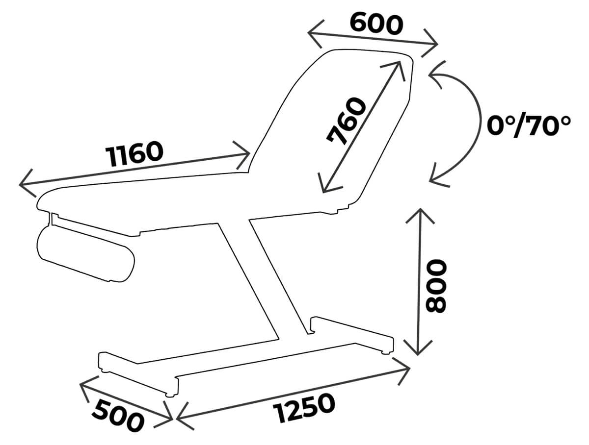 Sch&eacute;ma divan d'examen Confort : longueur 1250 mm, hauteur 800 mm, dossier inclinable 0&deg;/70&deg;