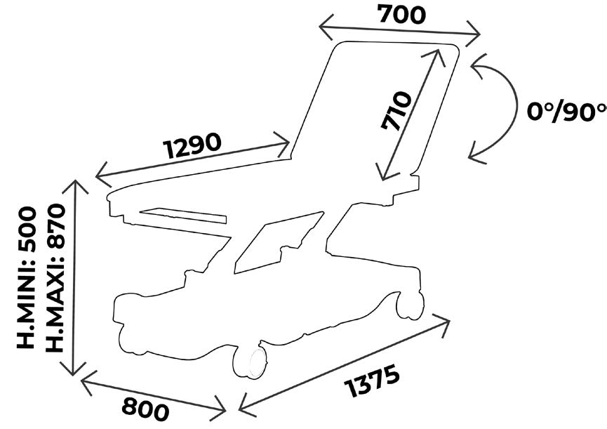 Schéma divan d'examen réglable hydraulique : longueur 1375 mm, hauteur 500-870 mm, dossier 0°/90°