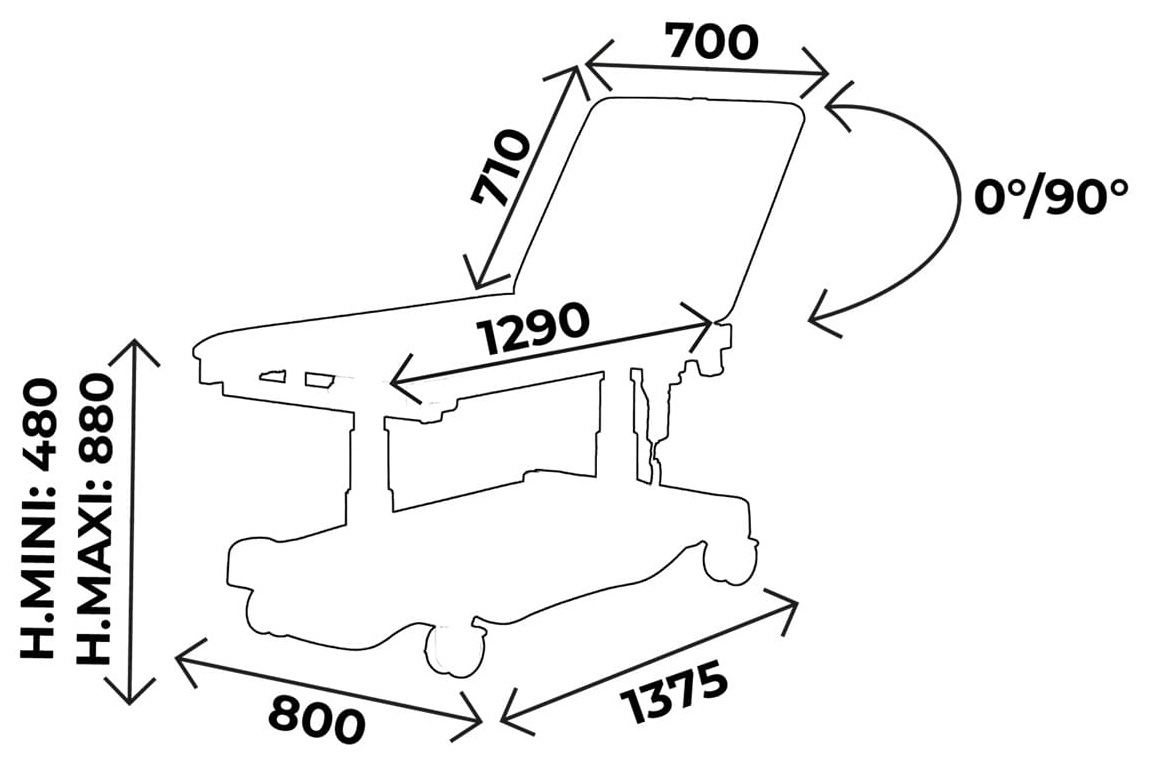 Schéma divan d'examen réglable électrique : longueur 1375 mm, hauteur 480-880 mm, dossier 0°/90°