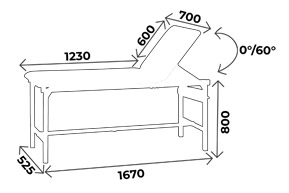 Schéma divan d'examen L70 : longueur 1670 mm, hauteur 800 mm, dossier inclinable 0°/60°