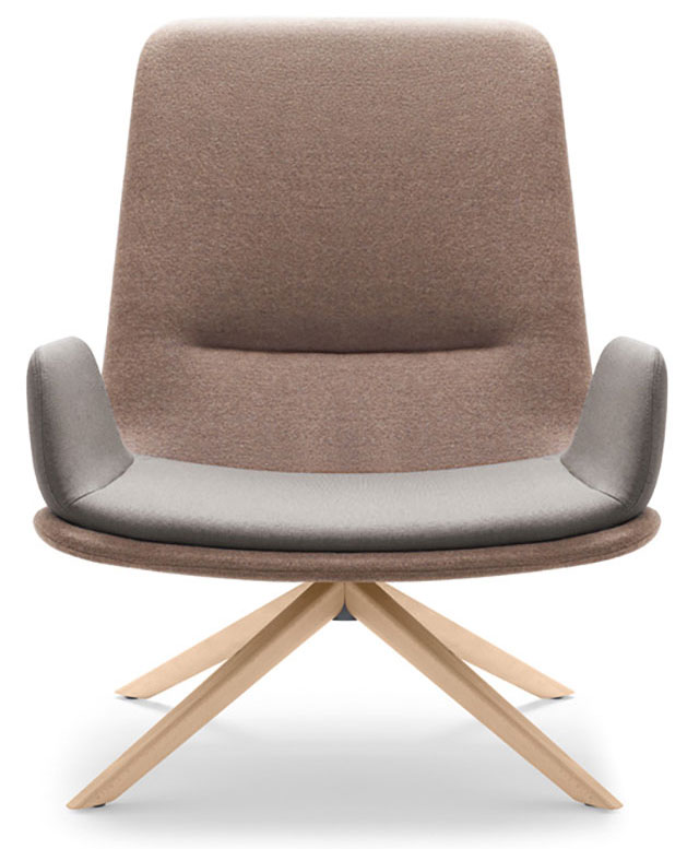 Fauteuil lounge Dolent beige à dossier haut et accoudoirs, piétement bois en étoile