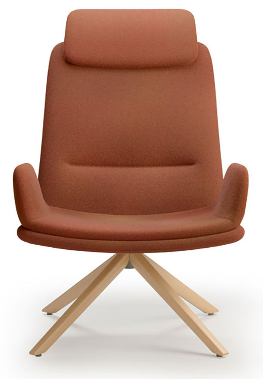 Fauteuil lounge Dolent terracotta, dossier haut avec accoudoirs et piétement bois en étoile
