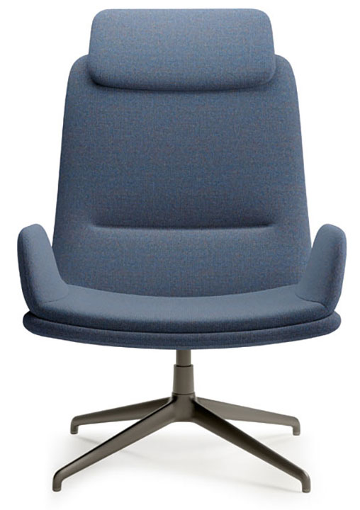 Fauteuil lounge Dolent bleu, dossier haut avec accoudoirs et piétement métal en étoile