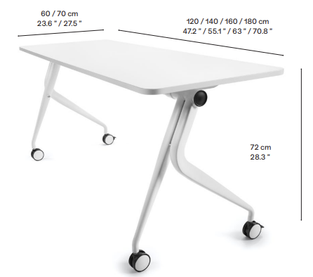 Sch&eacute;ma table de r&eacute;union Drava rabattable sur roulettes : hauteur 72 cm, plateau jusqu'&agrave; 180 x 70 cm