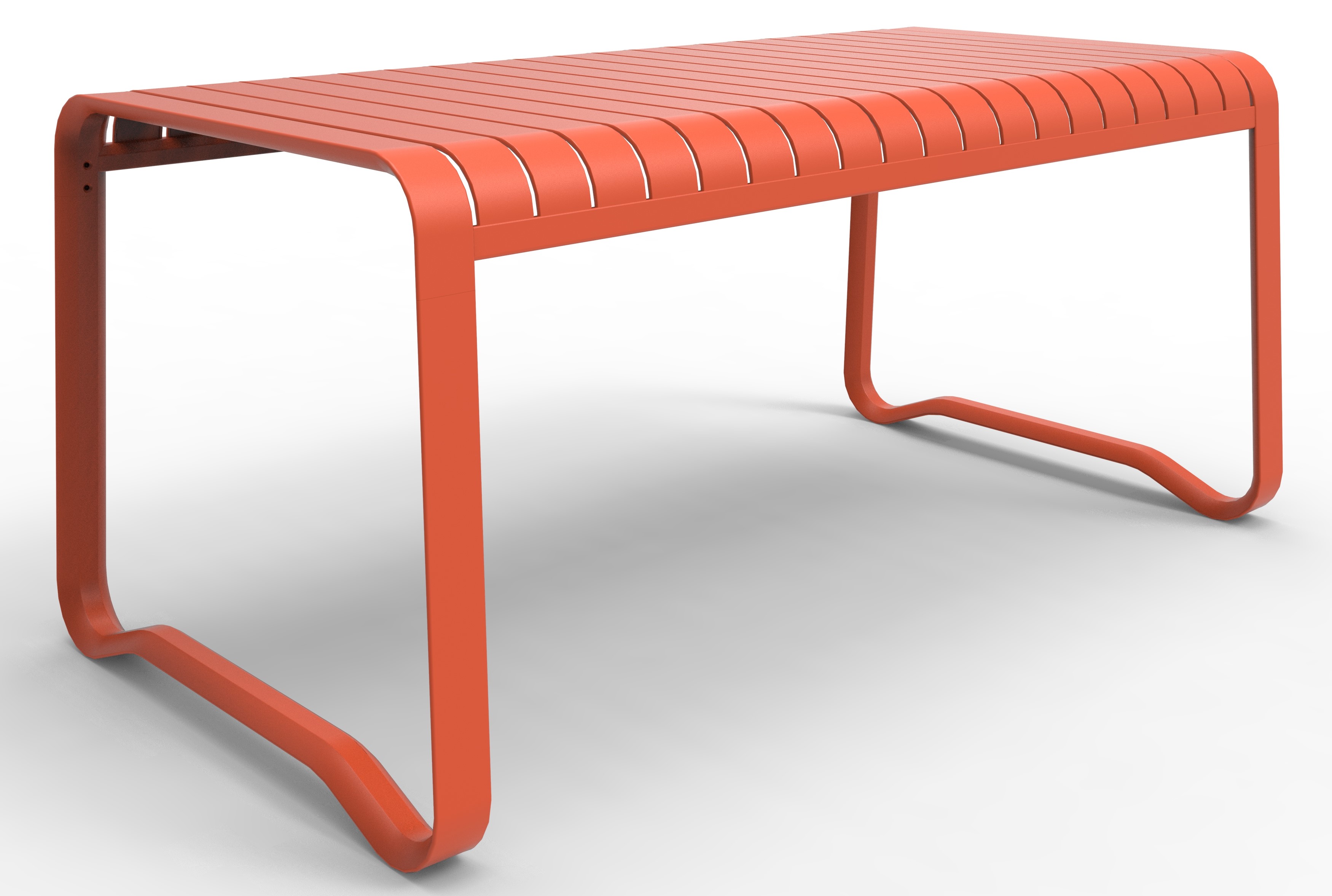 Table Duarte 4 places en m&eacute;tal orange &agrave; lattes, vue 3D sur pi&eacute;tement luge