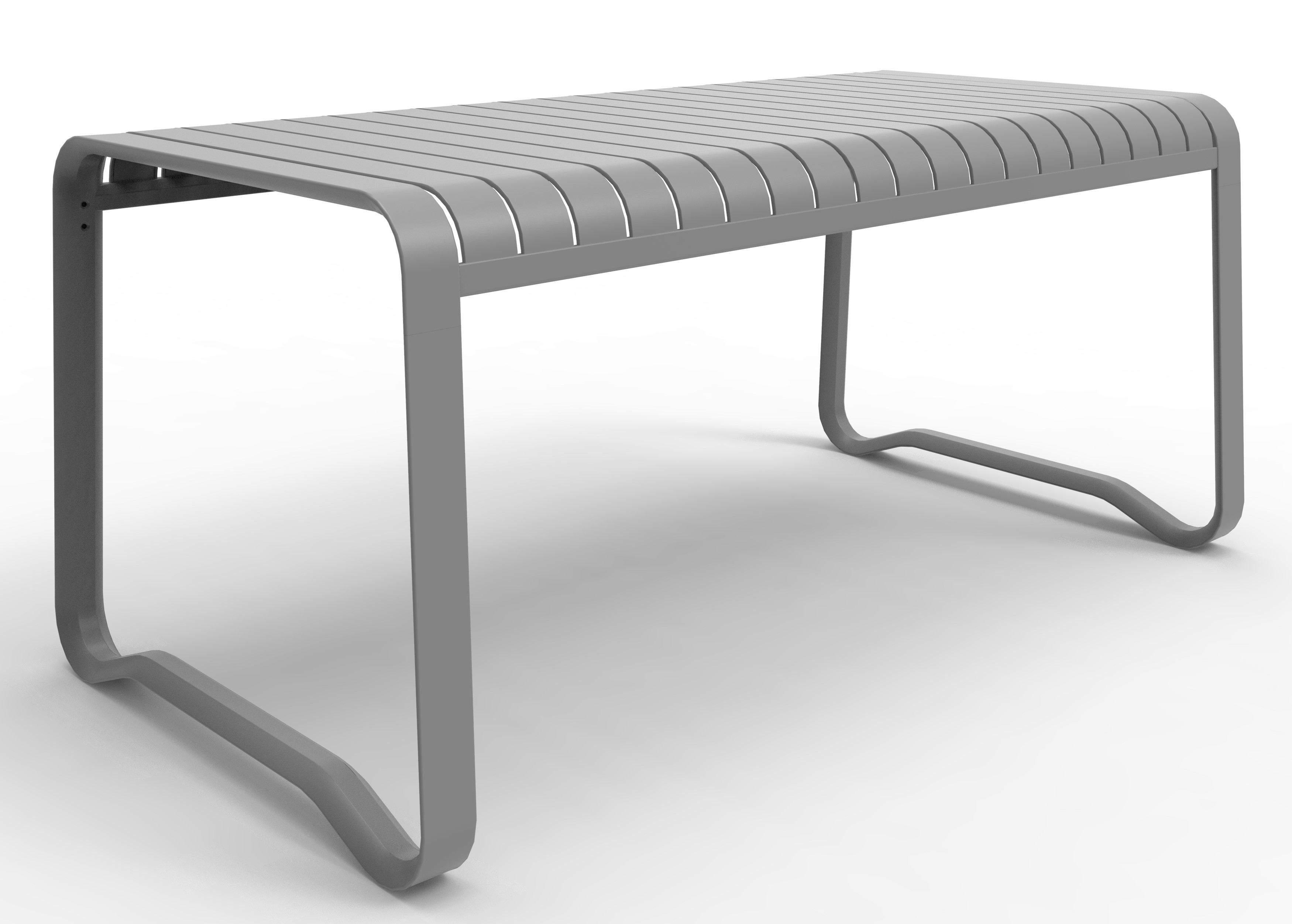 Table Duarte 6 places en m&eacute;tal gris &agrave; lattes, vue 3D sur pi&eacute;tement luge