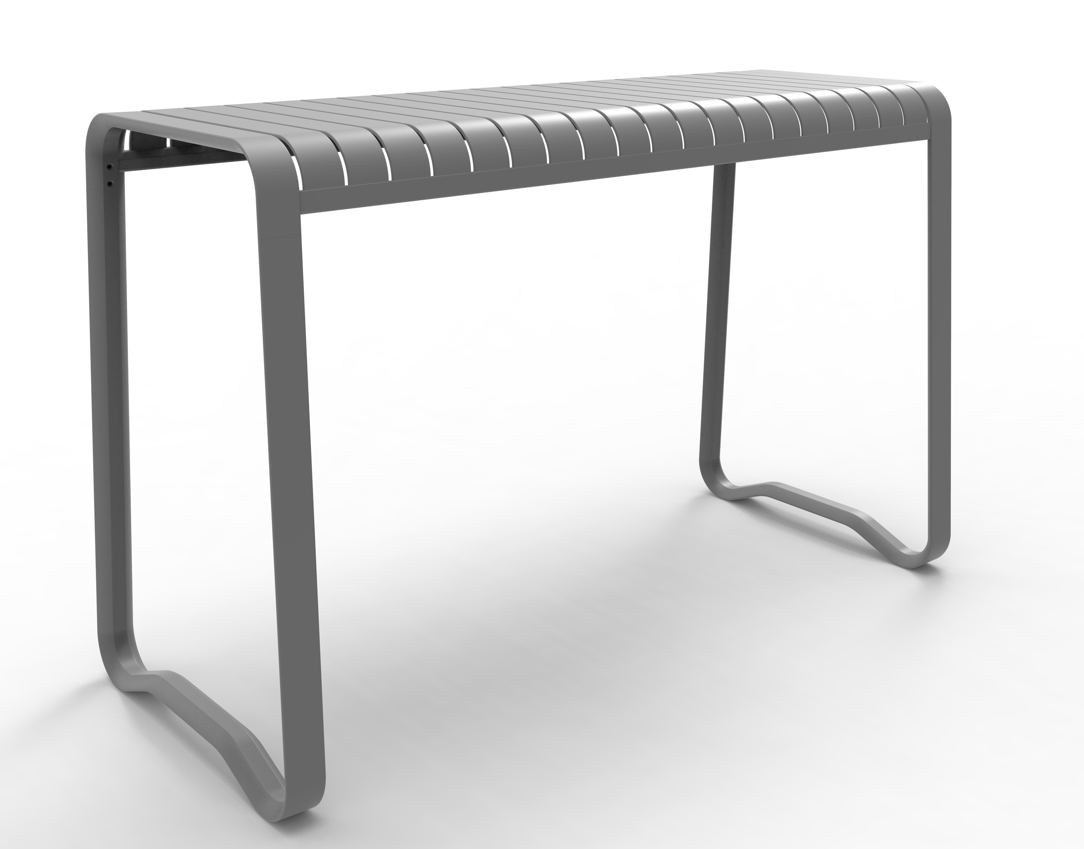 Table haute Duarte en m&eacute;tal gris &agrave; lattes, vue 3D sur pi&eacute;tement luge
