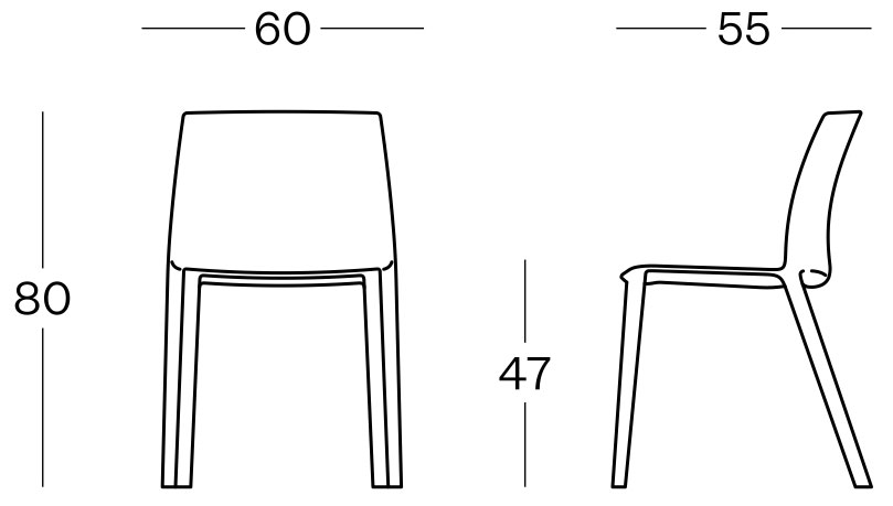 Sch&eacute;ma de la chaise Duerna sans accoudoirs, cotes : largeur 60 cm, profondeur 55 cm, hauteur 80 cm, assise 47 cm