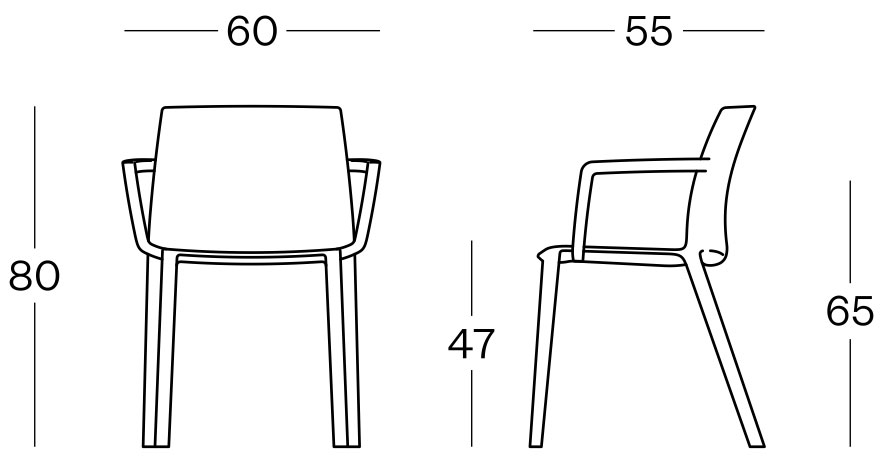 Sch&eacute;ma de la chaise Duerna avec accoudoirs, cotes : largeur 60 cm, profondeur 55 cm, hauteur 80 cm, assise 47 cm