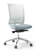 Si&egrave;ge de bureau Dusia, dossier r&eacute;sille blanc et assise bleue, pi&eacute;tement aluminium poli