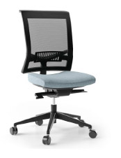 Si&egrave;ge de bureau Dusia, dossier r&eacute;sille noir et assise bleue, pi&eacute;tement noir, vue de profil