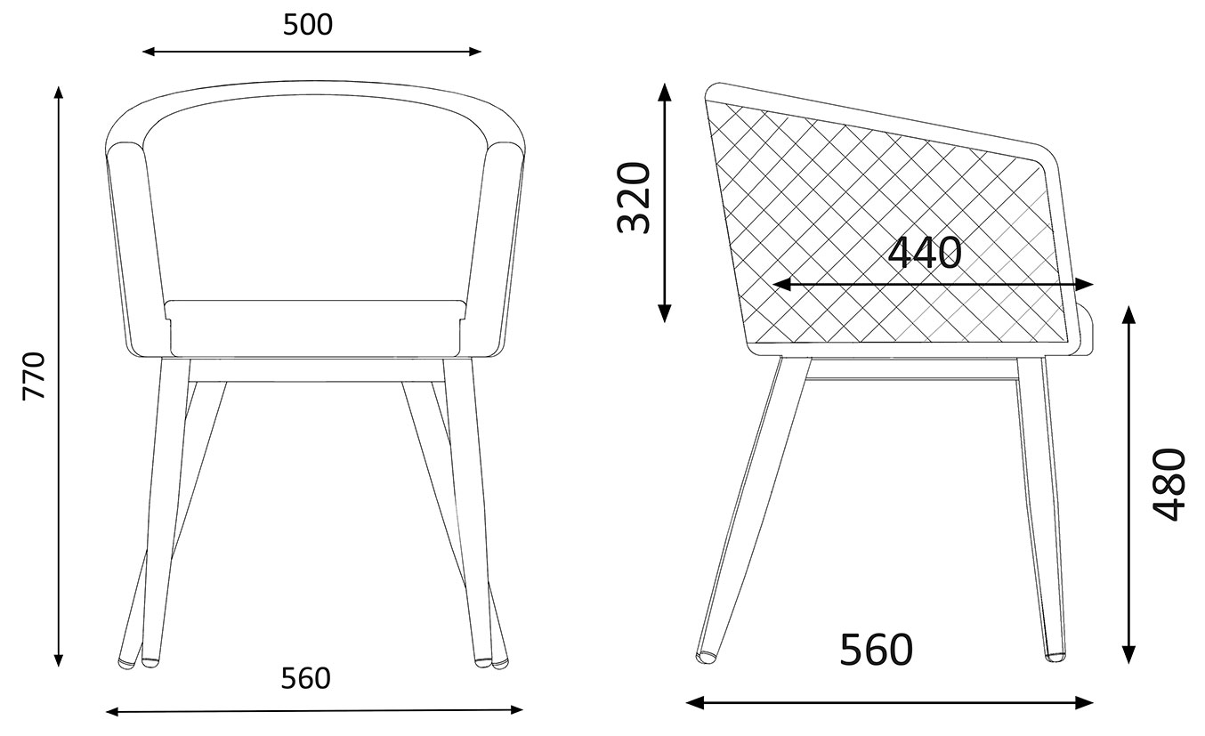 Sch&eacute;ma chauffeuse Ebisu avec cotes : hauteur 770 mm, assise 480 mm, largeur et profondeur 560 mm