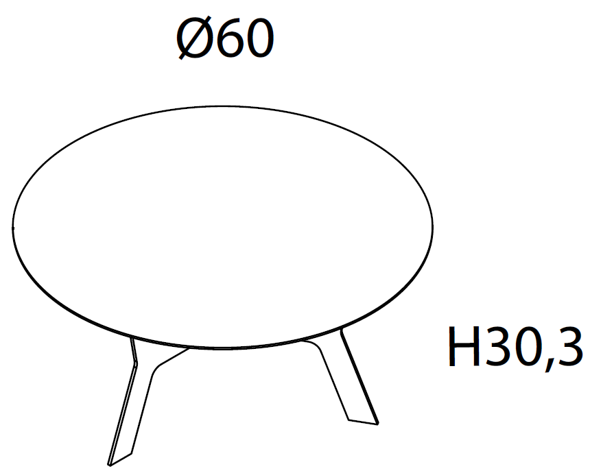Schema table basse ronde Elgon, pietement central, diametre 60 cm et hauteur 30,3 cm