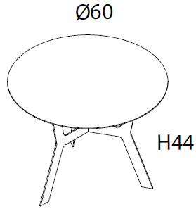Schema table ronde Elgon, pietement etoile, diametre 60 cm et hauteur 44 cm