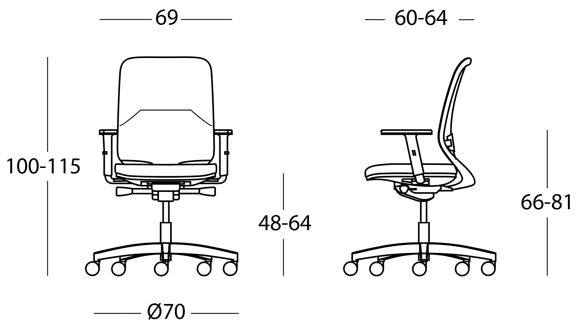 Schema fauteuil de bureau Ennedi, vues de face et de profil, assise reglable 48-64 cm