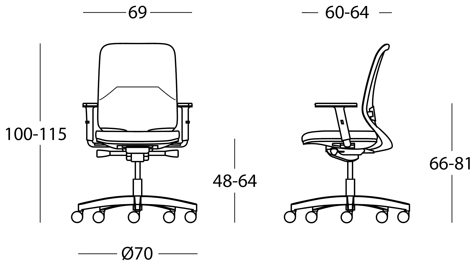 Schema siege de bureau Ennedi avec accoudoirs, hauteur 100-115 cm et assise 48-64 cm