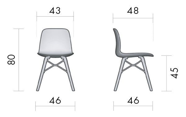 Schema chaise Ercina, vues de face et de profil, hauteur 80 cm, assise 45 cm, largeur 46 cm
