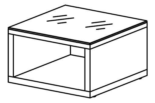 Table basse Erie a plateau verre, caisson a niche ouverte, dessin en perspective