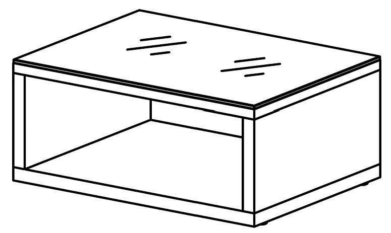 Table basse Erie allongee a plateau verre, niche ouverte, dessin en perspective