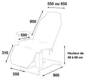 Schema fauteuil de prelevement, vue de profil, assise reglable 48-68 cm, cotes detaillees