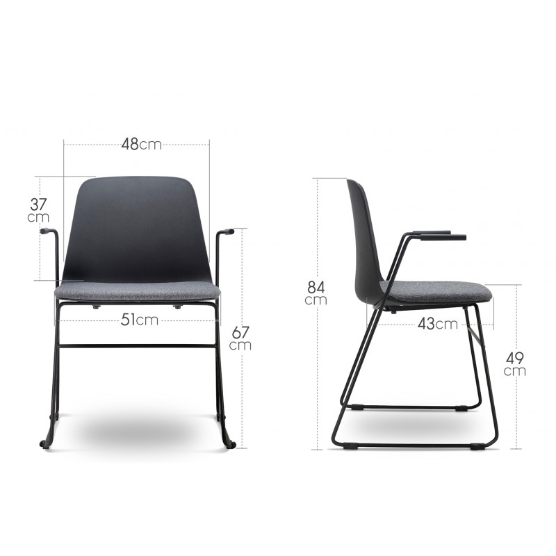 Schema chaise visiteur Flores sur pietement luge, vues de face et de profil avec dimensions