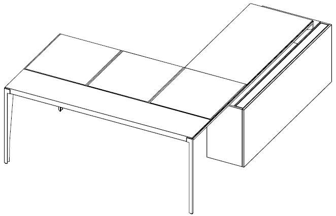 Bureau Forbes plateau cuir avec retour bas, configuration en L, vue en perspective