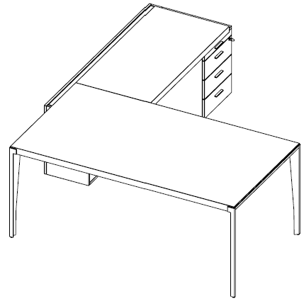 Bureau Forbes avec retour et caisson a tiroirs, configuration en L, vue en perspective
