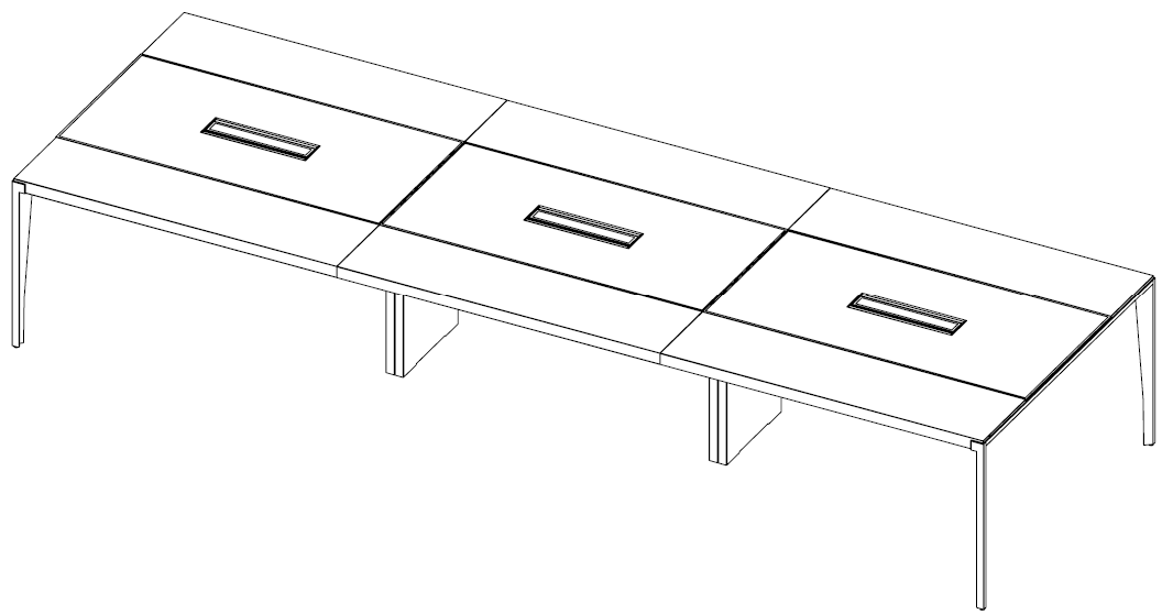 Table de reunion Forbes plateau cuir a trois modules avec trappes a cables, vue en perspective