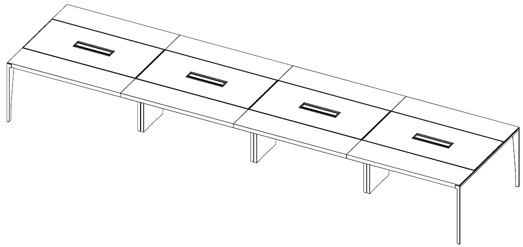 Table de reunion Forbes plateau cuir a quatre modules avec trappes a cables, vue en perspective