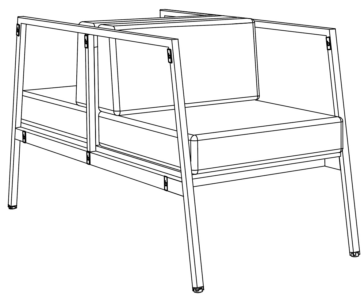 Sch&eacute;ma technique de deux fauteuils Fundy dos-&agrave;-dos, vue en perspective de la structure