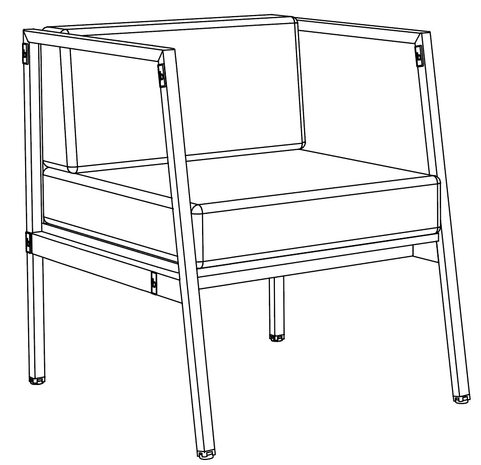 Sch&eacute;ma technique du fauteuil Fundy, vue en perspective de la structure et de l'assise