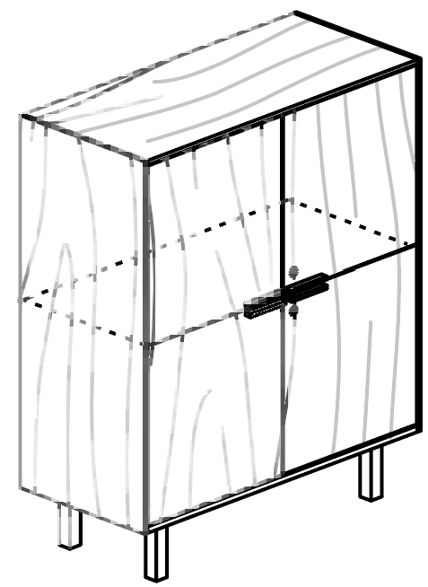 Schéma du meuble de rangement haut Galindo, 4 portes sur 2 niveaux, finition bois