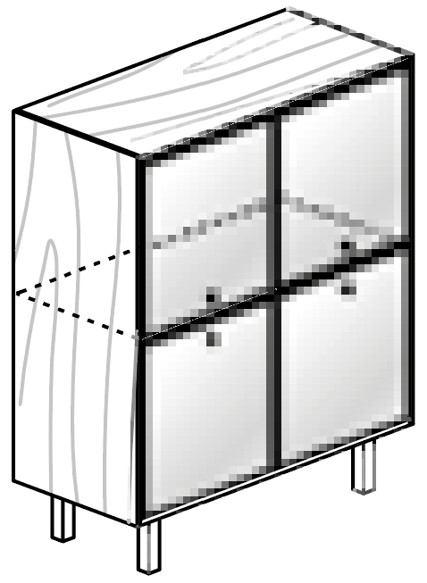Schéma du rangement haut Galindo, 4 portes sur 2 niveaux avec étagères visibles, finition bois