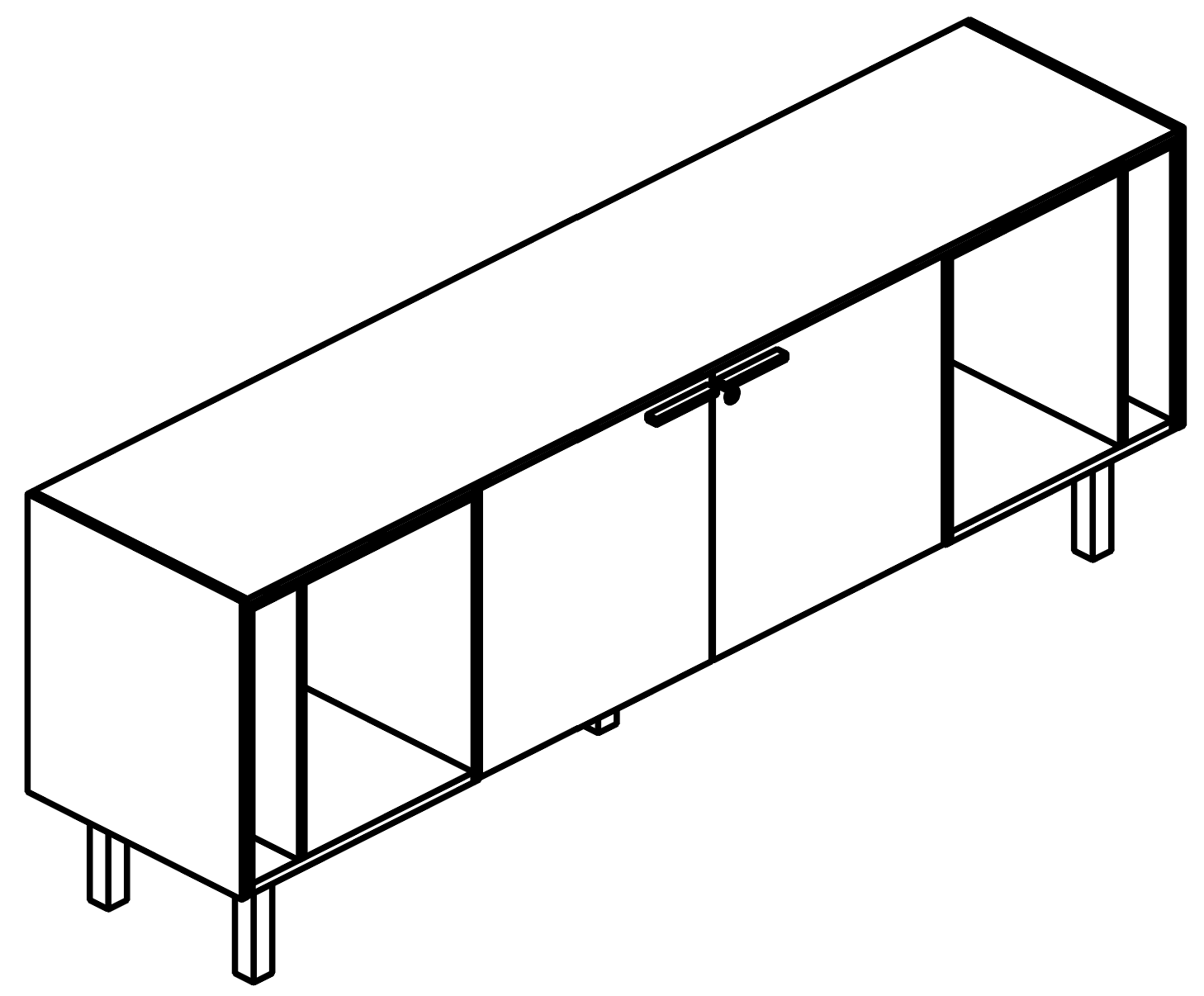 Schéma du meuble Galindo bas, 2 compartiments avec 2 portes battantes, vue en perspective