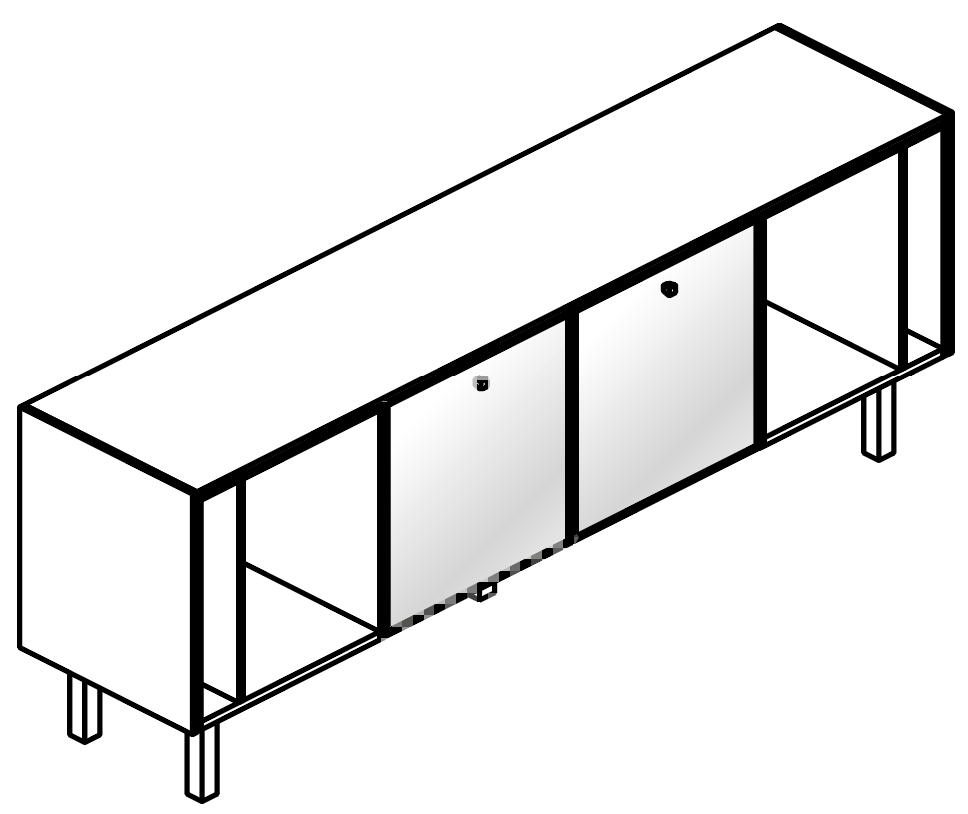 Schéma du meuble Galindo bas, 2 compartiments avec 2 portes vitrées, vue en perspective